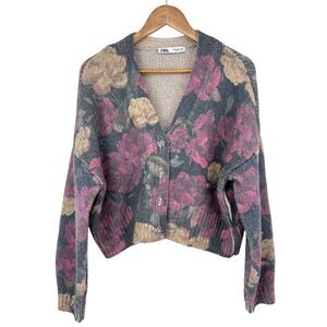 Zara Womens Floral Knit Cardigan Dark Gray V Neck Button Size S